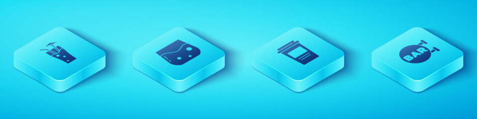 Set Isometric Cocktail, Glass of whiskey, Street signboard with Bar and Coffee cup to go icon. Vector