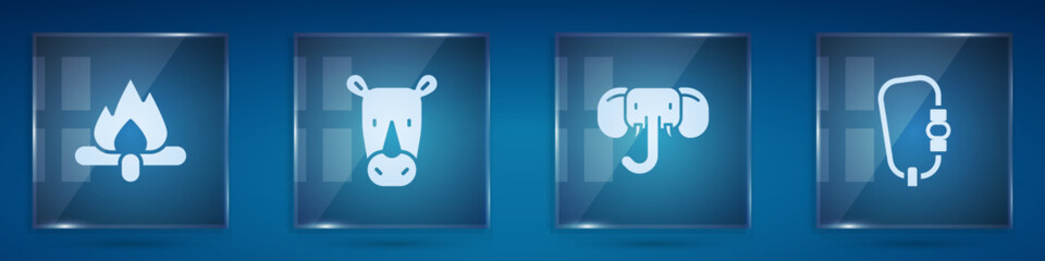 Set Campfire, Rhinoceros, Elephant and Carabiner. Square glass panels. Vector