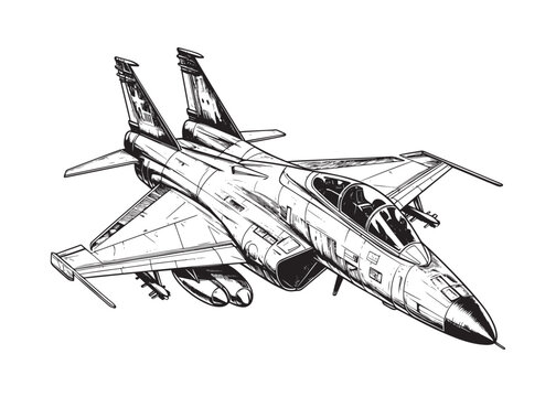Fighter jet plane in line drawing illustration on white background for children colouring book. 