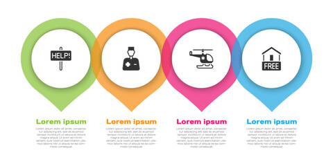 Set Help sign, Male doctor, Rescue helicopter and Free home delivery. Business infographic template. Vector