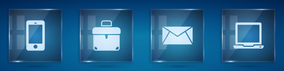 Set Mobile phone, Briefcase, Mail and e-mail and Laptop. Square glass panels. Vector