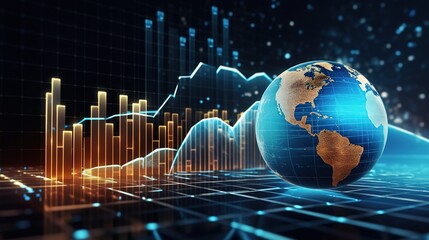Marketing and economics analytics data graphs. Global digital business network futuristic colorful background. Generative AI. 