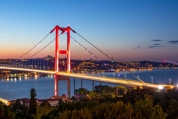 Fototapeta na wymiar Istanbul panoramic sunset 15th July Martyrs Bridge (15 Temmuz Sehitler Koprusu). Istanbul Bosphorus Bridge. Holiday destination Turkey, finance center buildings, skyscrapers, banks, business towers. 