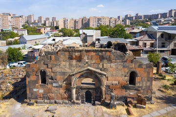 Aerial view of Avan Cathedral (VI century) - the oldest surviving church inside Yerevan's city limits. Yerevan, Armenia.