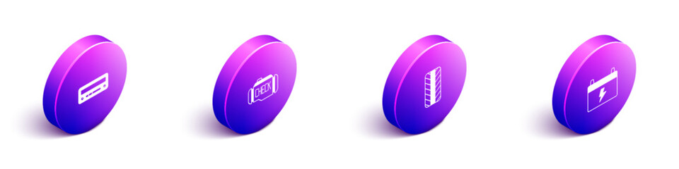 Set Isometric Car audio, Check engine, tire wheel and battery icon. Vector