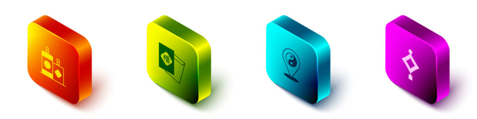 Set Isometric Firework, Chinese New Year, Yin Yang symbol and paper lantern icon. Vector
