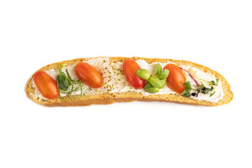Long white bread sandwich with cream cheese, tomatoes and microgreen isolated on white. top view.