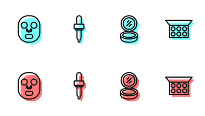 Set line Makeup powder with mirror, Facial cosmetic mask, Pipette and icon. Vector