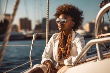 Black woman on yacht enjoying the sea trip, ai generative