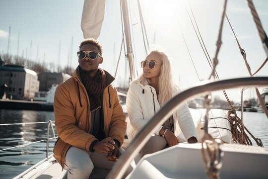 International couple on yacht enjoying the sea trip, ai generative