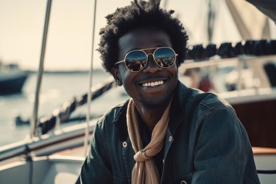 Black man on yacht enjoying the sea trip, ai generative
