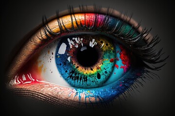 zoom in of an ink colored eye, colorful beautiful human eye, closeup of a colored eye, generative AI
