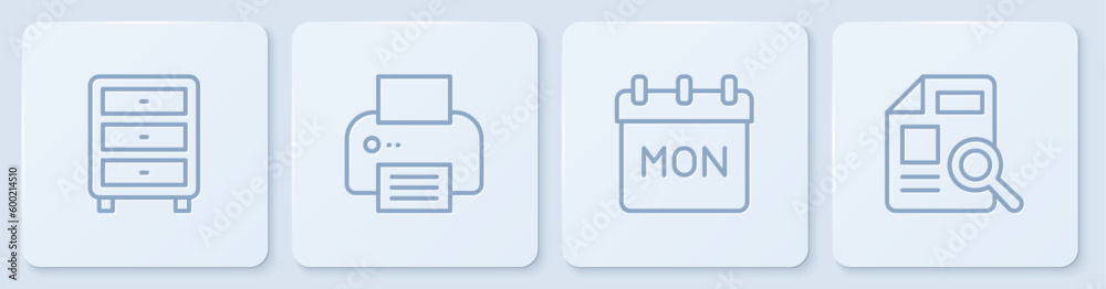Poster set line archive papers drawer, calendar, printer and document with graph chart. white square button