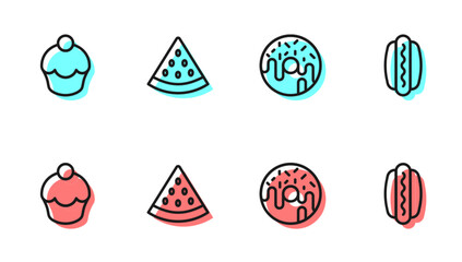 Set line Donut, Muffin, Watermelon and Hotdog icon. Vector