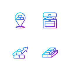 Set line Stacks paper money cash, Growth arrow with gold bars, Gold and Antique treasure chest. Gradient color icons. Vector