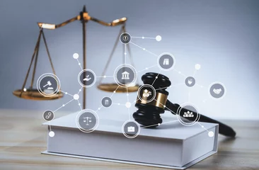Fototapeten Smart law, legal advice icons and lawyer working tools in the lawyers office showing concept of digital law and online technology of astute law and regulations . © Blue Planet Studio