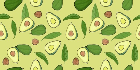Avocado, fruits, halves, bones, leaves, color drawing, repeating pattern on a green background, for design and printing on fabric, paper, tile
