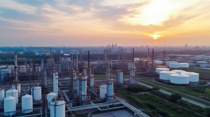 Fototapeta na wymiar Aerial top view of factory station, oil fuel storage tank, petroleum refinery, manufactory, industrial process plant oil refinery for energy with Generative AI.