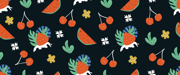 Vector pattern of fruits and flowers on a black background. Cherries, strawberries, watermelon. 