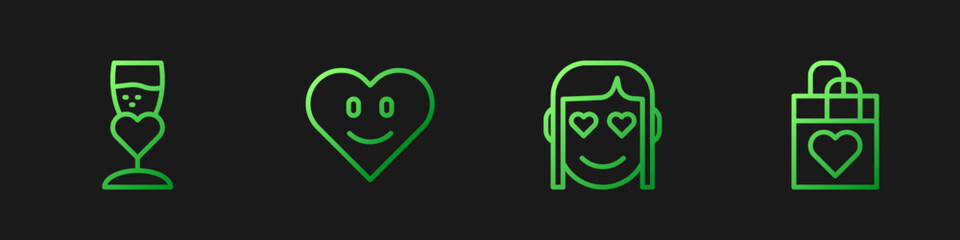 Set line Romantic girl, Glass of champagne, Heart and Shopping bag with heart. Gradient color icons. Vector