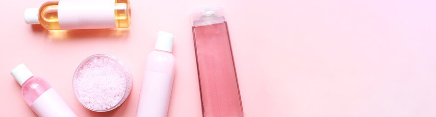 Banner Flat lay spa on a pink background. Mocap Cosmetics on a pink background. pink cosmetics