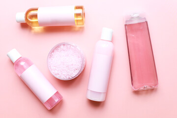 Flat lay spa on a pink background. Mocap Cosmetics on a pink background. pink cosmetics