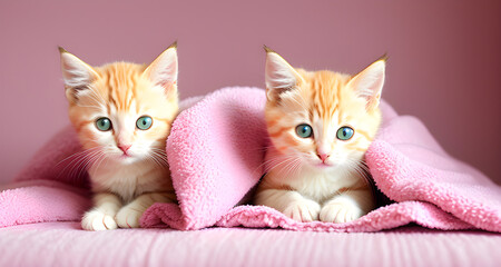 Fototapeta na wymiar Adorables chatons se cachant dans une couverture rose,IA générative.