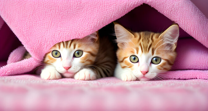 Adorables chatons se cachant dans une couverture rose,IA g&eacute;n&eacute;rative.