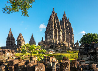 Ancient temple ruins of Prambanan (Candi Prambanan) a 9th-century Mahayana Buddhist temple complex in Magelang Regency, Yogyakarta  region, central Java, Indonesia