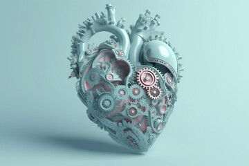 Heart made of gears and other mechanical parts. Retro, pop-art style, clean background, pastel colors. Generative AI - obrazy, fototapety, plakaty