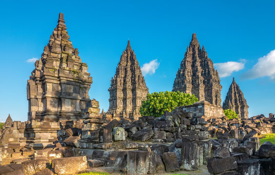 Ancient temple ruins of Prambanan (Candi Prambanan) a 9th-century Mahayana Buddhist temple complex in Magelang Regency, Yogyakarta  region, central Java, Indonesia