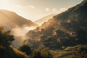 sunrise in the mountain village, created with AI, AI, generative AI