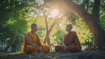 Light falls on Two monks meditating in lotus position under a green tree, Generative AI