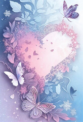 Image of Painted spring background in pastel blue-pink flowers with butterflies and hearts. AI Generated printed on Printed Glass Basin Splashbacks