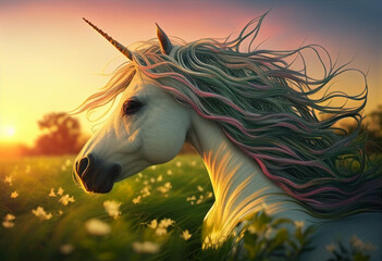 Fototapeta na wymiar A fabulous unicorn with a huge developing mane walks across the field. AI Generated