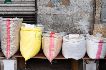  Bags of food, almonds, nuts, corn and flour on street market