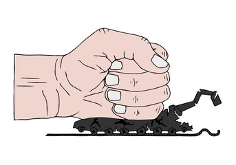 A human hand crushes a tank. Anti-war concept. Stop the war. Anti-war poster. Freehand drawing. Doodle. Hand Drawn. Outline.