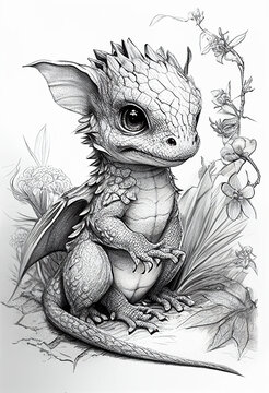 Little dragon drawn with a simple pencil on paper. AI Generated