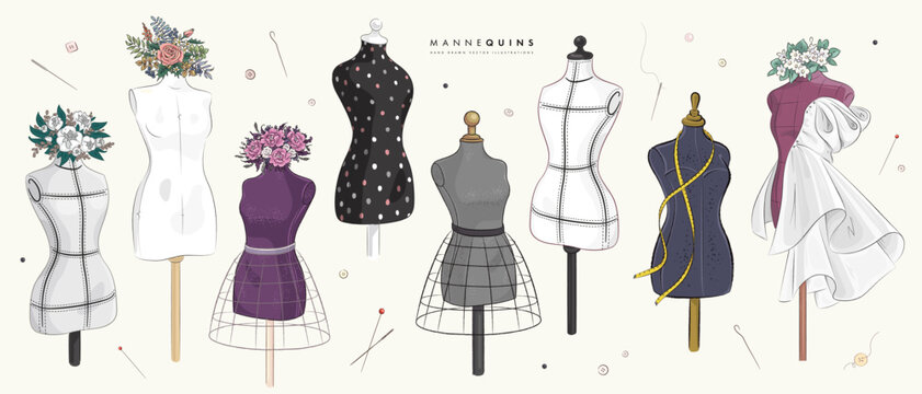 Set of hand drawn mannequins and flowers isolated on background. Fashion vector illustration