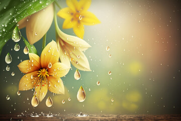 - decorative spring picture with flowers and raindrops, generative ai