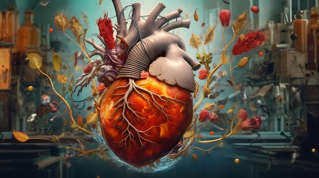 A creative and thought-provoking image of a human heart depicted as a fantastical and otherworldly object. Medical and Biology concept. Generative Ai.