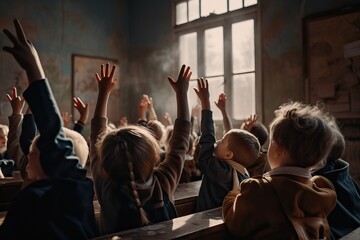 Fototapeta na wymiar School classroom with kids raising their hands, generative ai