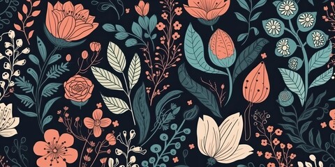 Vintage floral pattern in a black background, generative ai