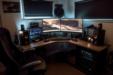 Streamer gamer desktop setup with computers headphones and camera, generative ai