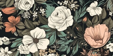 Vintage floral pattern in a black background, generative ai