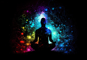Front view silhouette of a man meditating and all chakras are displayed brightly. AI Generated