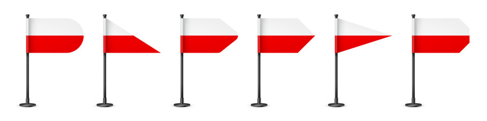 Polish table flags on a black steel pole. Souvenir from Poland. Desk flag made of paper or fabric, shiny metal stand. Mockup for promotion and advertising. Vector illustration