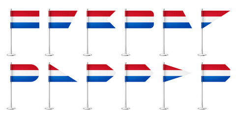 Realistic various Dutch table flags on a chrome steel pole. Souvenir from Netherlands. Desk flag made of paper or fabric, shiny metal stand. Mockup for promotion and advertising. Vector illustration