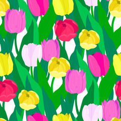 Seamless pattern with tulips. Bright festive floral background and card.