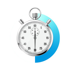 Realistic classic stopwatch. Shiny metal chronometer, time counter with dial. Blue countdown timer showing minutes and seconds. Time measurement for sport, start and finish. Vector illustration